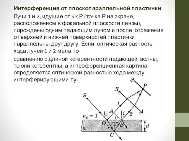 Интерференция от плоскопараллельной пластинки Лучи 1 и 2, идущие от