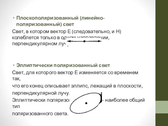 Плоскополяризованный (линейно-поляризованный) свет Свет, в котором вектор Е (следовательно, и