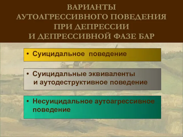 ВАРИАНТЫ АУТОАГРЕССИВНОГО ПОВЕДЕНИЯ ПРИ ДЕПРЕССИИ И ДЕПРЕССИВНОЙ ФАЗЕ БАР Суицидальное