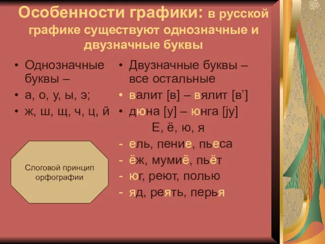 Особенности графики: в русской графике существуют однозначные и двузначные буквы