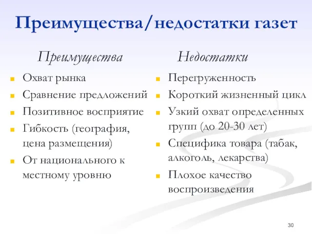 Преимущества/недостатки газет Охват рынка Сравнение предложений Позитивное восприятие Гибкость (география,