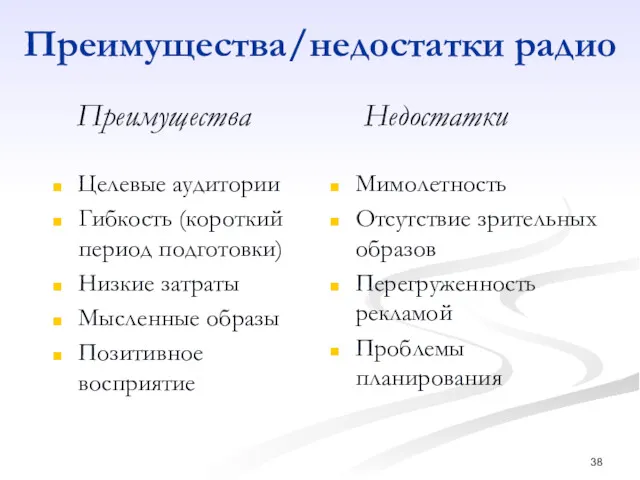 Преимущества/недостатки радио Целевые аудитории Гибкость (короткий период подготовки) Низкие затраты