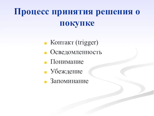 Процесс принятия решения о покупке Контакт (trigger) Осведомленность Понимание Убеждение Запоминание