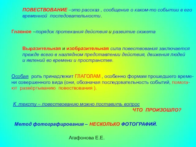 Агафонова Е.Е. ПОВЕСТВОВАНИЕ –это рассказ , сообщение о каком-то событии