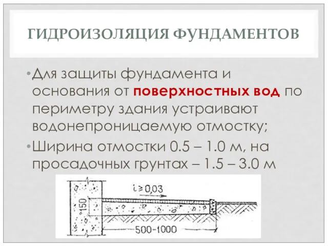 ГИДРОИЗОЛЯЦИЯ ФУНДАМЕНТОВ Для защиты фундамента и основания от поверхностных вод