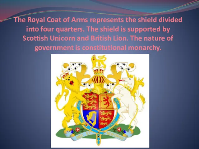 The Royal Coat of Arms represents the shield divided into