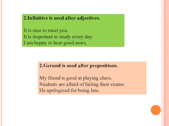 2.Infinitive is used after adjectives. It is nice to meet