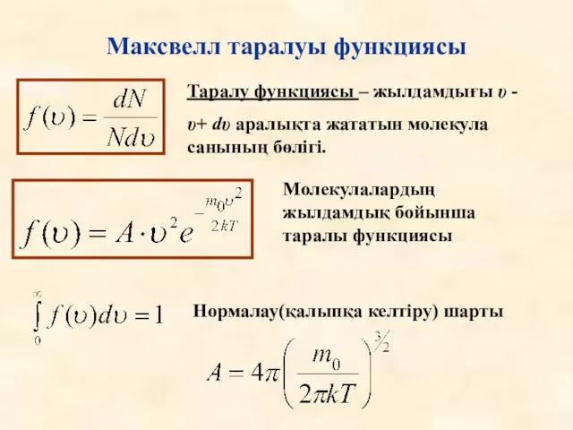 Максвелл таралуы функциясы Таралу функциясы – жылдамдығы υ - υ+