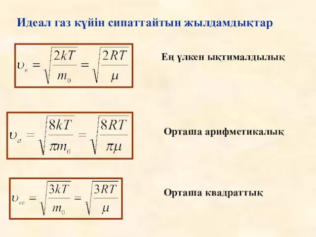 Идеал газ күйін сипаттайтын жылдамдықтар Ең үлкен ықтималдылық Орташа арифметикалық Орташа квадраттық