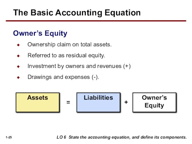 Ownership claim on total assets. Referred to as residual equity. Investment by owners