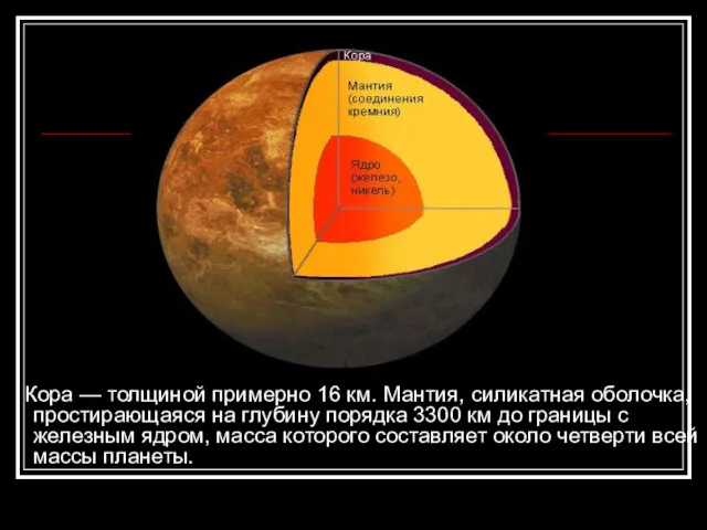 Кора — толщиной примерно 16 км. Мантия, силикатная оболочка, простирающаяся