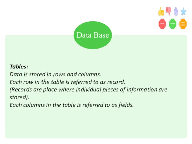 Tables: Data is stored in rows and columns. Each row