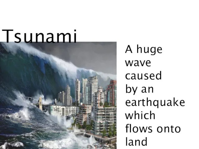 Tsunami A huge wave caused by an earthquake which flows onto land