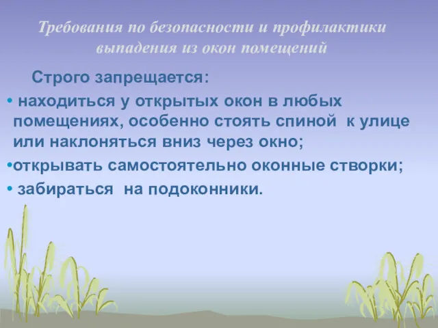 Требования по безопасности и профилактики выпадения из окон помещений Строго