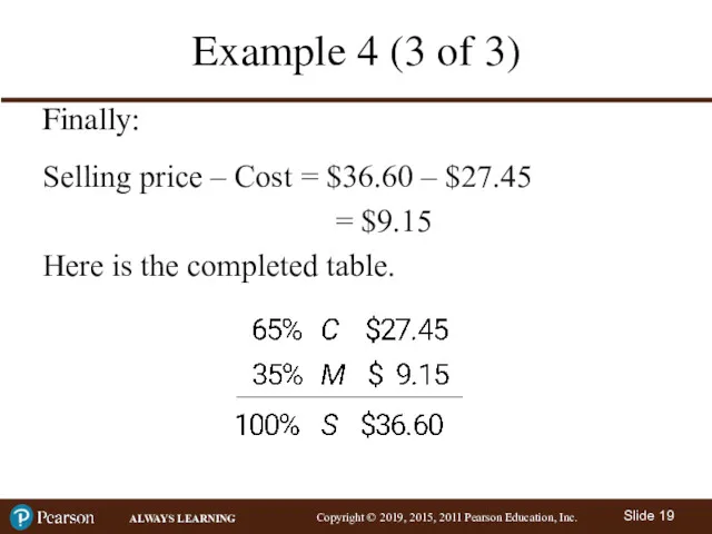 Example 4 (3 of 3) Finally: Selling price – Cost