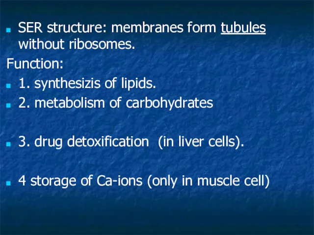 SER structure: membranes form tubules without ribosomes. Function: 1. synthesizis of lipids. 2.