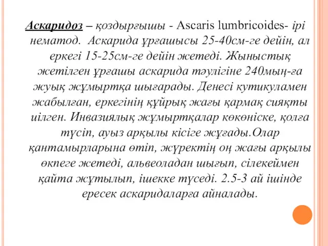 Аскаридоз – қоздырғышы - Ascaris lumbricoides- ірі нематод. Аскарида ұрғашысы