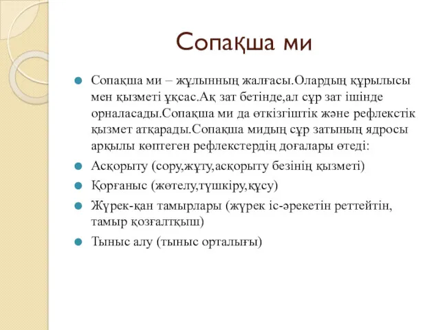 Сопақша ми Сопақша ми – жұлынның жалғасы.Олардың құрылысы мен қызметі