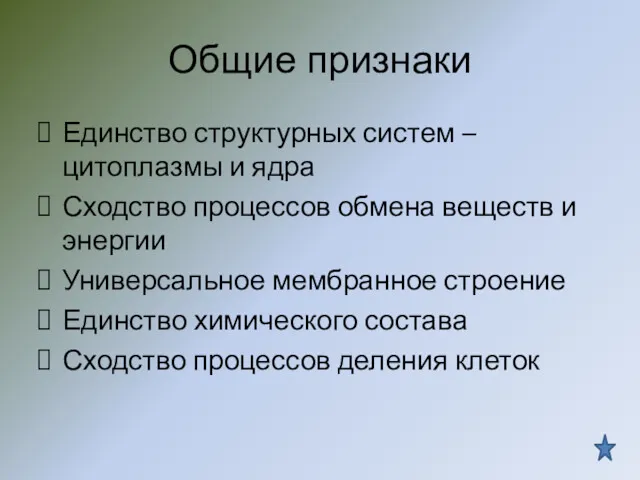 Общие признаки Единство структурных систем –цитоплазмы и ядра Сходство процессов