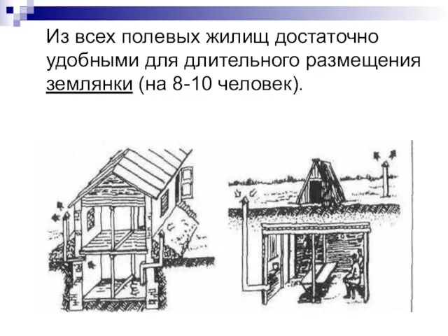 Из всех полевых жилищ достаточно удобными для длительного размещения землянки (на 8-10 человек).