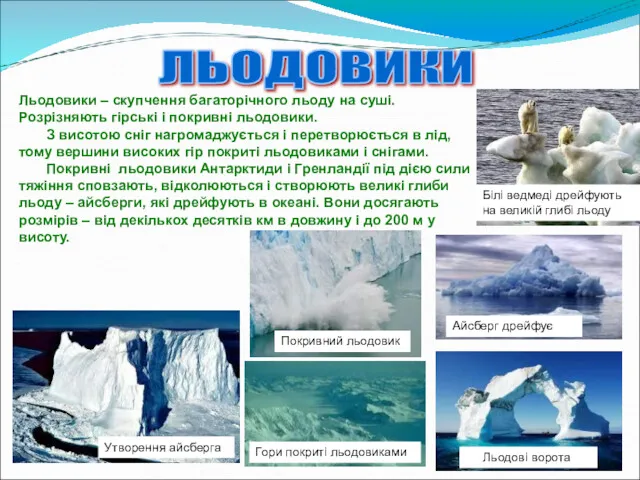 ЛЬОДОВИКИ Льодовики – скупчення багаторічного льоду на суші. Розрізняють гірські