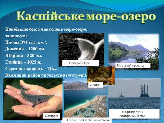 Найбільше безстічне солоне море-озеро, залишкове. Площа 371 тис. км ².