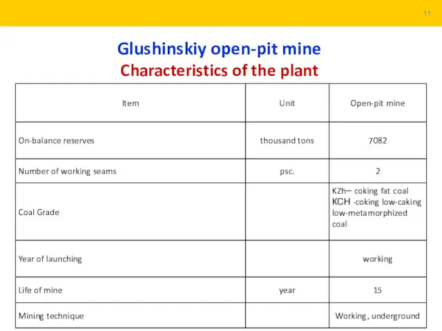 Glushinskiy open-pit mine Characteristics of the plant 11