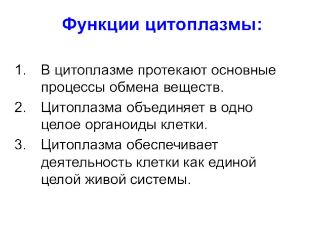 Функции цитоплазмы: В цитоплазме протекают основные процессы обмена веществ. Цитоплазма