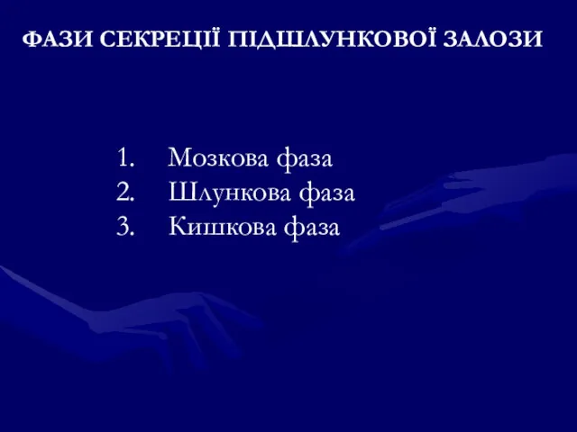 ФАЗИ СЕКРЕЦІЇ ПІДШЛУНКОВОЇ ЗАЛОЗИ Мозкова фаза Шлункова фаза Кишкова фаза