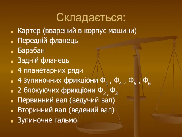 Cкладається: Картер (вварений в корпус машини) Передній фланець Барабан Задній