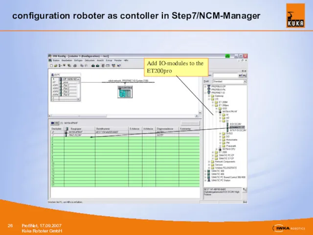 configuration roboter as contoller in Step7/NCM-Manager Add IO-modules to the ET200pro