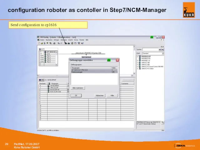 configuration roboter as contoller in Step7/NCM-Manager Send configuration to cp1616