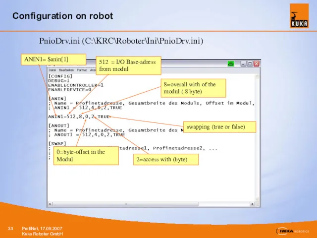 Configuration on robot PnioDrv.ini (C:\KRC\Roboter\Ini\PnioDrv.ini)