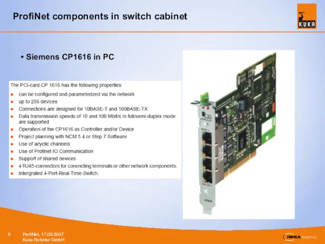 ProfiNet components in switch cabinet Siemens CP1616 in PC