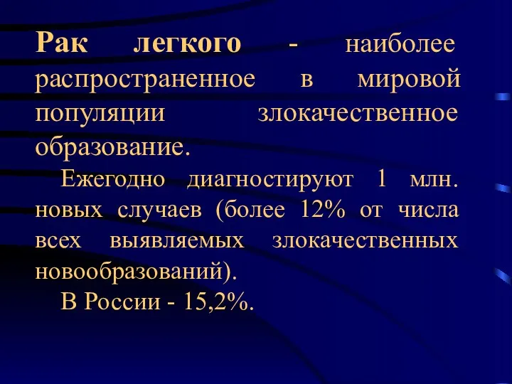 Рак легкого - наиболее распространенное в мировой популяции злокачественное образование.