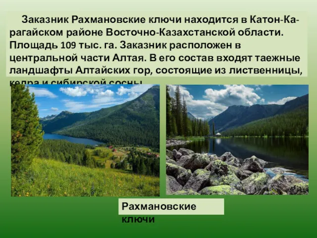 Заказник Рахмановские ключи находится в Катон-Ка-рагайском районе Восточно-Казахстанской области. Площадь