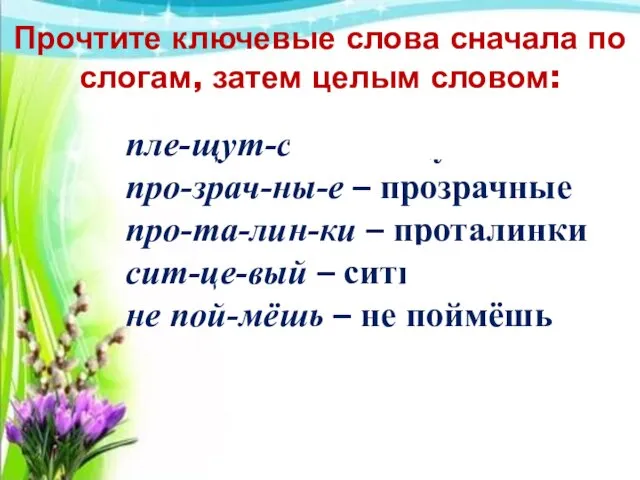 Прочтите ключевые слова сначала по слогам, затем целым словом: пле-щут-ся