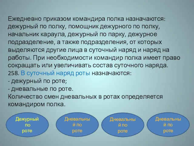 Ежедневно приказом командира полка назначаются: дежурный по полку, помощник дежурного