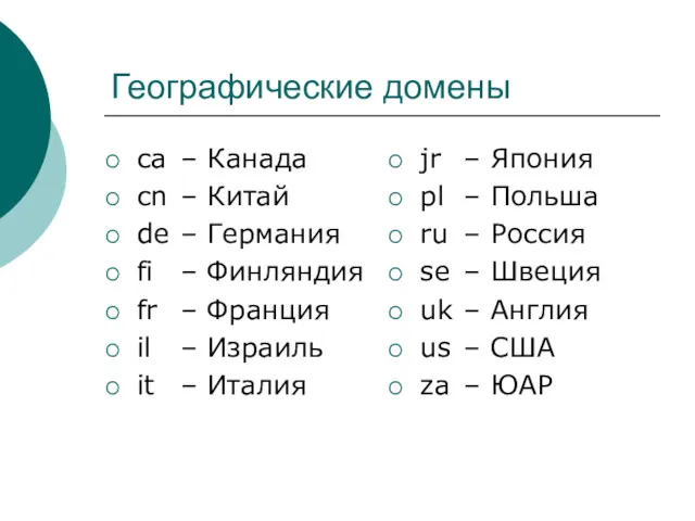 Географические домены ca – Канада cn – Китай de –