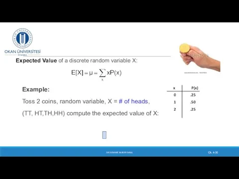 Expected Value of a discrete random variable X: Example: Toss