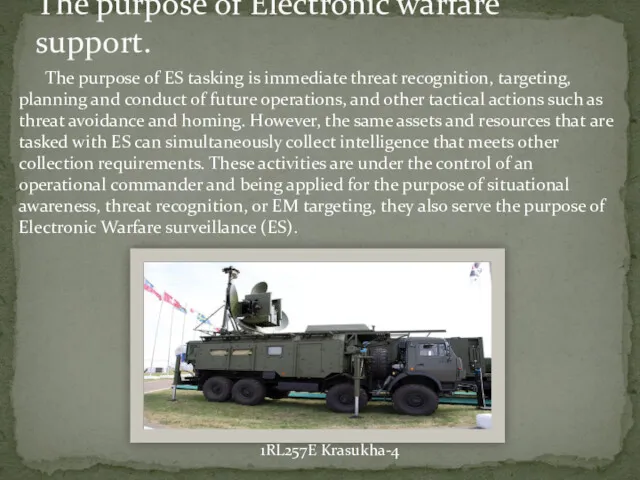 The purpose of Electronic warfare support. The purpose of ES