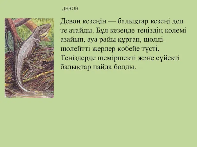 Девон кезеңін — балықтар кезеңі деп те атайды. Бұл кезеңде