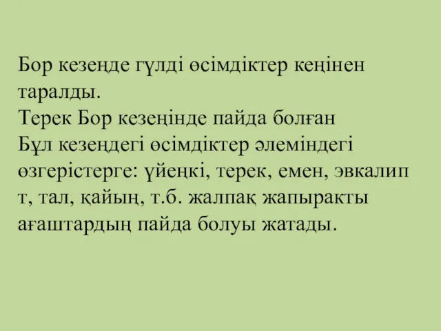 Бор кезеңде гүлді өсімдіктер кеңінен таралды. Терек Бор кезеңінде пайда