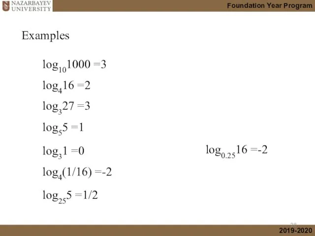 Examples log101000 =3 log416 =2 log327 =3 log55 =1 log31