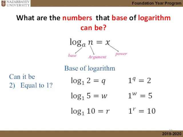 What are the numbers that base of logarithm can be?