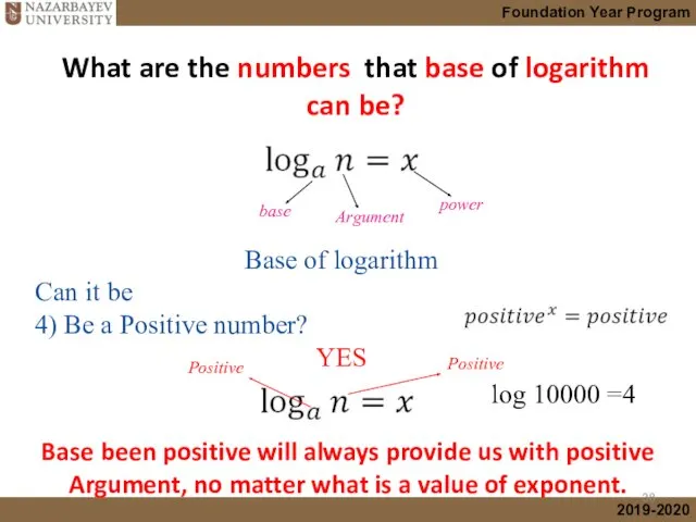 What are the numbers that base of logarithm can be?