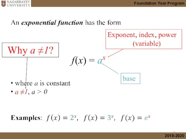 Exponent, index, power (variable) base f (x) = ax Why a ≠1?