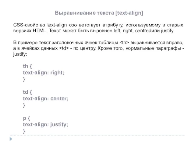 Выравнивание текста [text-align] CSS-свойство text-align соответствует атрибуту, используемому в старых