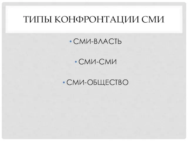 ТИПЫ КОНФРОНТАЦИИ СМИ СМИ-ВЛАСТЬ СМИ-СМИ СМИ-ОБЩЕСТВО