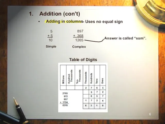 1. Addition (con’t) Adding in columns - Uses no equal